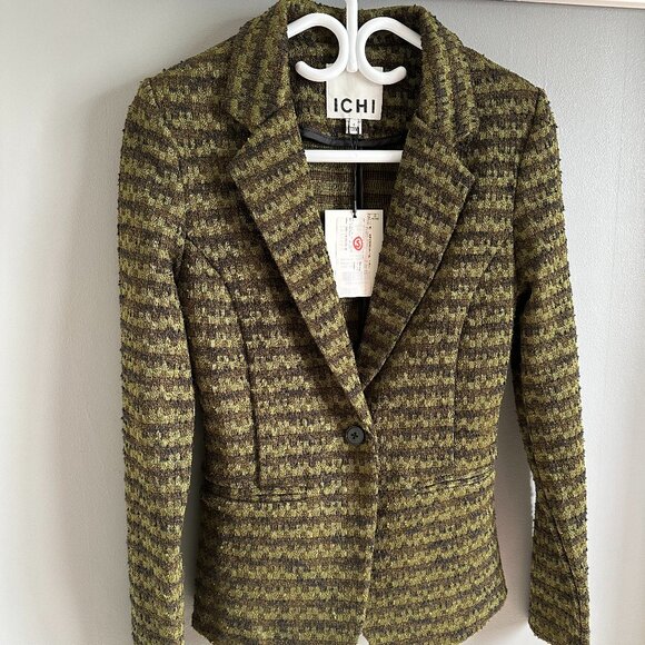 ICHI Jackets & Blazers - NWT ICHI IH Kate Mosley Olive & Brown Stripe Jacquard Fitted Blazer Women's Sm